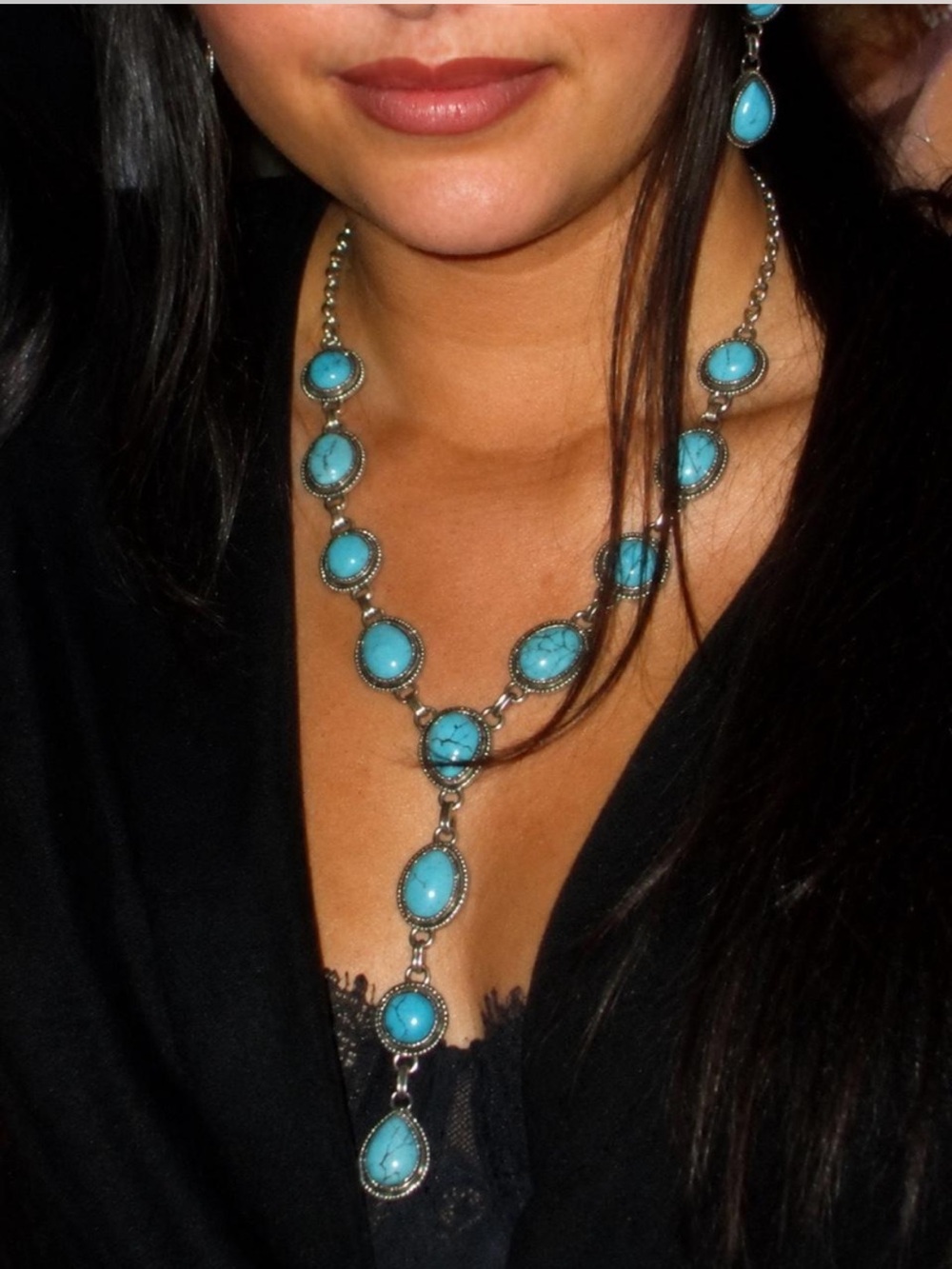 Silver-Tone Turquoise Drop Statement Necklace - Blue